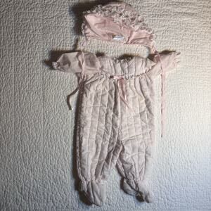 Vtg Her Majesty Pink Quilted Baby Bunting Pram Suit Bonnet Set 3-6 Mo. 1960s